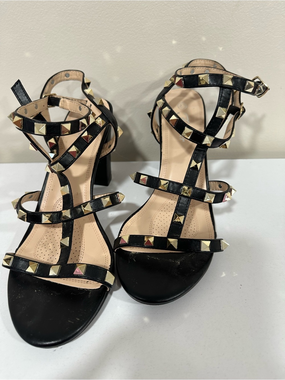 Studded Black Strappy Block Heel Sandals - Women